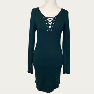 Planet Gold Lace-Up Long Sleeve Forrest Green Dress Women’s Size Large‎